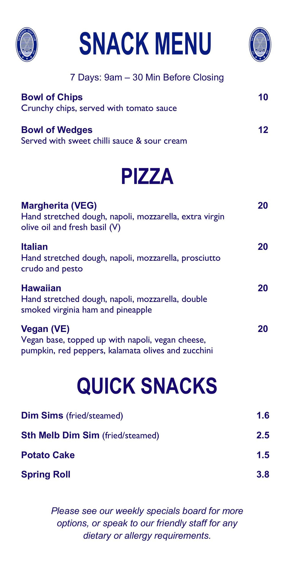 2026 snack menu